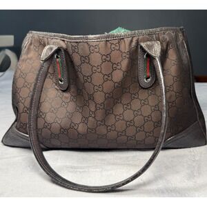 Gucci Monogram Tote Bag Brown GG Canvas‎ Leather Trim Shoulder Bag Sherry Line